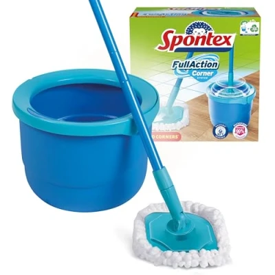 Image of Spontex Full Action Corner System Spin Mop and Bucket Set Reaches Tight Corners Easy 360 Wringing &amp; Rinsing Cleans Laminate, Wood Tile Flooring 1 Microfibre Head