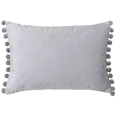 Image of Riva Paoletti Fiesta Rectangular Feather Filled Cushion Pompom Edges Faux Velvet Fabric Discreet Zip Closure 100 Case (14&quot; x 20&quot; inches), Polyester, Dove/Silver, 35 50cm