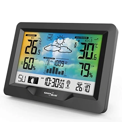 Image of Green Blue GB540 Digital Color Weather Station with Outdoor Indoor Sensor, Radio Controlled Clock by DCF System, Moon Phases, Barometer, Calendar, Forecast for Home, Black