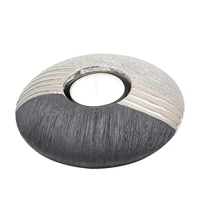 Image of Dekohelden24 Elegant Designer Ceramic Tea Light Holder in Discus Shape, Silver Grey, 13 cm