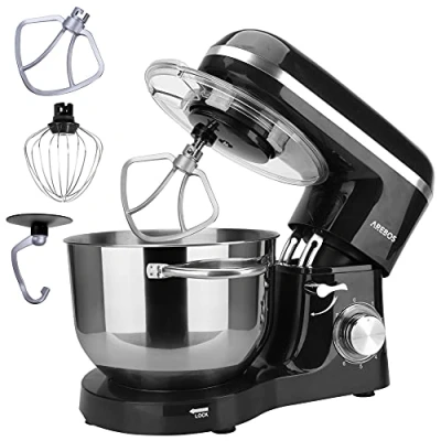 Image of Arebos Stand Mixer 1500 W with 6 L stainless steel mixing bowl, incl. whisk, dough hook, flat beater and splash guard, speed settings pulse function