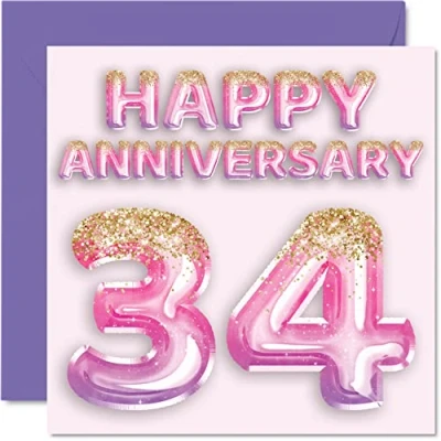 Image of Pretty 34th Anniversary Card for Wife Girlfriend Husband Boyfriend Pink Purple Glitter Balloons Happy 34 Cards from Family, 145mm x Greeting Thirty Fourth Anniversaries