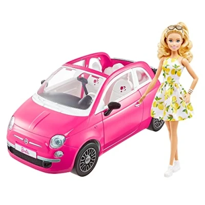 Image of Barbie Doll and Fiat 500 Car, Pink 4 Seater Vehicle with in Fashion Accessories, Gift for 3 to 7 Year Olds, HGV03