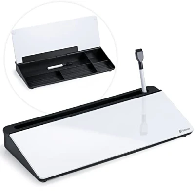 Image of Varhomax Glass Desk Whiteboard with Storage, Buddy to do List Memo Desktop Dry Erase White Board Keyboard Stand Organizers for Home Office and School Supplies