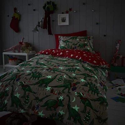 Image of Happy Linen Company Girls Boys Kids Christmas Dinosaur Glow In The Dark Taupe Natural Single Reversible Duvet Cover Bedding Set