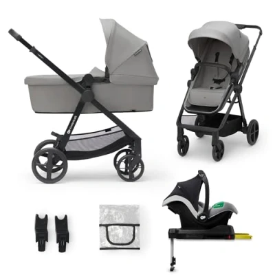 Image of Kinderkraft Newly 4 in 1, Stroller, Pushchair, Travel System, Pram, Newborn Baby, Large Hood, Accessories, Easy Folding, Included Car Seat with ISOFIX Base, from Birth up to 22 kg, Gray