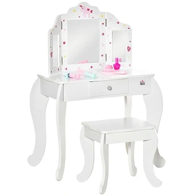 Image of HOMCOM Kids Vanity Table &amp; Stool Girls Dressing Set Make Up Desk Chair Dresser Play with Rotatable Mirrors Drawer Star Heart Pattern White