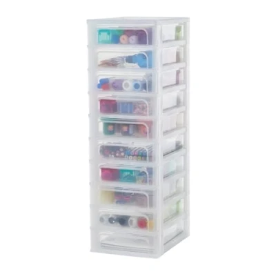 Image of Iris Ohyama Plastic Storage Drawers Unit, 10 Shallow Drawers, Frosted White, Easy Pull A4, A5 &amp; A6 Format, File Organiser, For Office, School, Stationary, BPA Free, Chest, Tower, OCH 2100