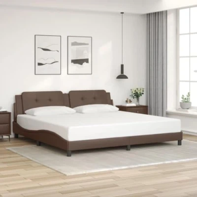 Image of vidaXL Bed Frame with Headboard Brown 200x200 cm, Faux Leather, Foam Filled Cushion, Wave Design for Bedroom Elegance, Plywood Slats