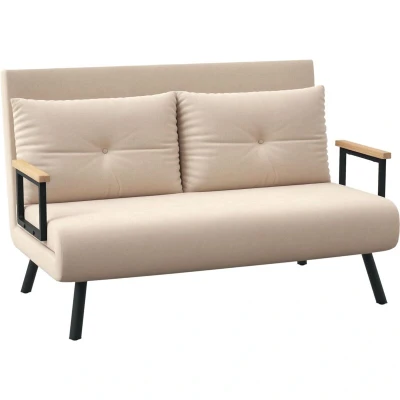Image of HOMCOM 2 Seater Sofa Bed, Click Clack Convertible Bed Settee, Modern Velvet Feel Fabric Couch with Tufted Cushions, Wood Armrests, for Living Room, Bedroom, Guest Beige