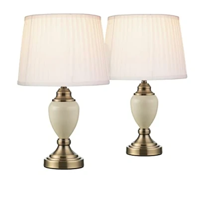 Image of Lighting Supermarket Pair of Malham Small Touch Control Table Lamps with Ivory Pleated Shades Cream &amp; Brass