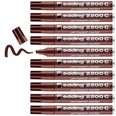 Image of edding 2200 C permanent marker brown box of 10 chisel tip 1 5 mm quick drying pen waterproof, smudge proof for cardboard, plastic, wood, metal, fabric