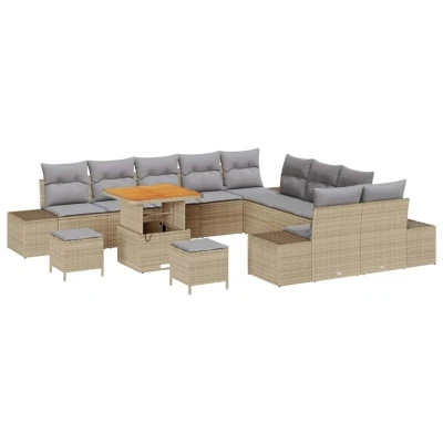 Image of vidaXL 13 Piece Garden Sofa Set with Cushions Beige Poly Rattan Acacia
