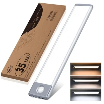 Image of HIBOITEC Motion Sensor Cupboard Light 3 Color Temperature Stepless Dimming, Closet USB Rechargeable Wardrobe 35 LED Wireless Under Cabinet Lighting Stick on Kitchen Stairs Hallway