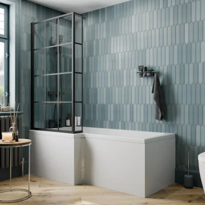 Image of Ceramica L Bath Bundle 1700mm Left Hand Including Black Grid Shower Screen and Front &amp; End Panels