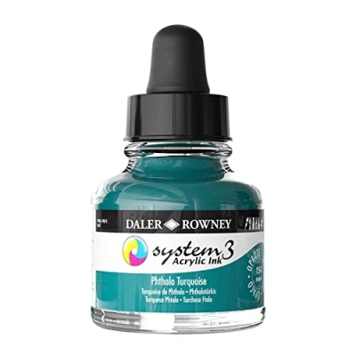Image of Daler Rowney System3 Acrylic Ink, Glass Bottle with Dropper, Opaque, 1oz 29.5 ml, Phthalo Turquoise