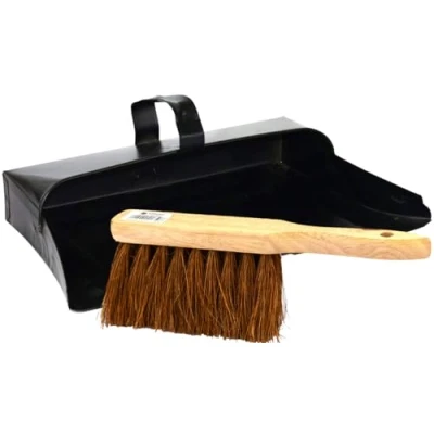 Image of Sterling Ventures Metal Hand Dustpan &amp; Wooden Brush Set Heavy Duty Stylish Traditional Black Hooded with Natural Stiff Bassine Bristle Fireside Companion Broom Deck Ash Pan