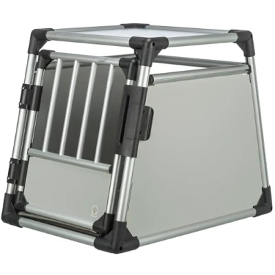Image of TRIXIE dog transport box, aluminium, M: 55 x 62 78 cm, light grey/silver, with Velcro strip at the bottom, safety lock, non slip mat 39341
