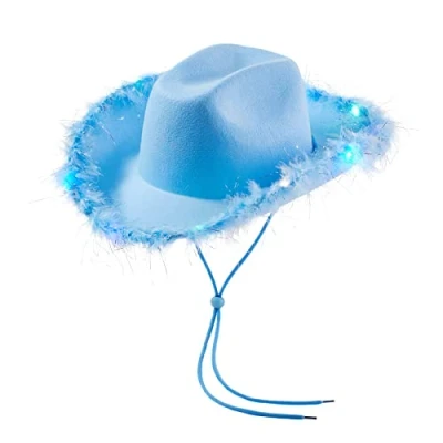 Image of Light Up Cowboy Hats for Women Fluffy Feather Brim LED Cowgirl Hat Bachelorette, Costume Party, Play Dress (Blue)
