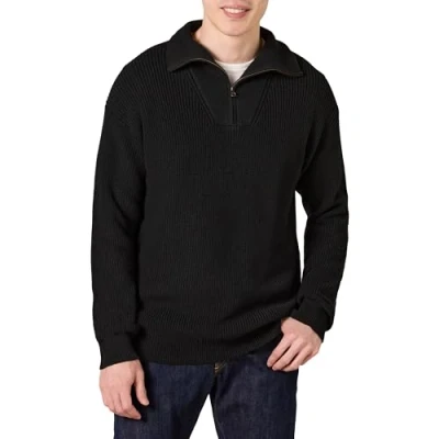 Image of Amazon Essentials Men&#039;s Quarter Zip, Rib Knit, Relaxed fit Jumper, Black, XS