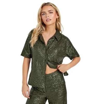Image of PixieGirl Khaki Green Sequin Embellished Short Sleeve Shirt Petite