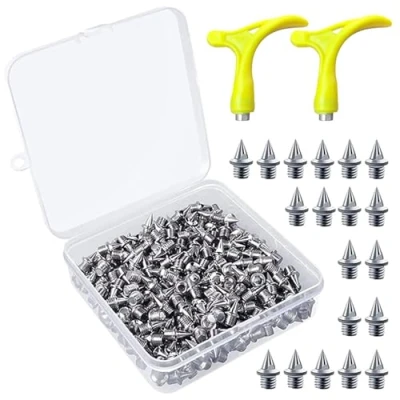 Image of Kulannder 150 Pieces 1/4 Inch Steel Spikes Track Shoe Replacement with 2 Spike Wrench and Storage Box for Sprint Cross Country, Pyramid Shape