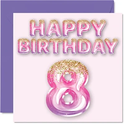 Image of 8th Birthday Card for Girls Pink &amp; Purple Glitter Balloons Happy Cards 8 Year Old Girl Daughter Sister Granddaughter Cousin, 145mm x Eight Eighth Bday Greeting Gift