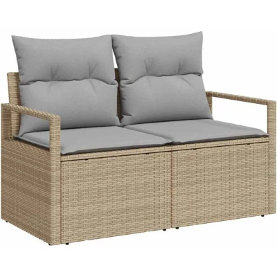 Image of vidaXL 2 Seater Garden Sofa with Storage&amp;Cushions Beige Poly Rattan