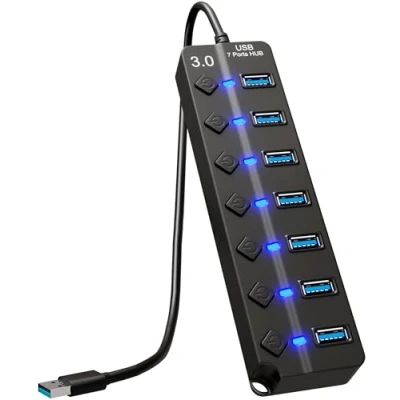 Image of 7 Port USB Hub 3.0 Multi with Individual Switches and Lights Multiple Adapter Plug High Speed Extender for Flash Drives, Printer, PC Portable Multiport