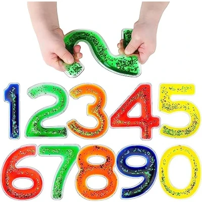 Image of Playlearn Squidgy Sparkly Numbers 10 Pack Sensory Gel Shapes, Glitter &amp; Colourful Liquid, Jelly Fidgeting Toy