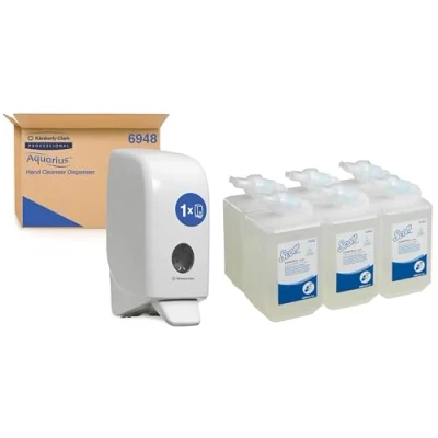 Image of Scott Control Foam Frequent Use Hand Cleanser 6342 Unscented Foaming Soap 6 x 1 Litre Clear Wash Refills with Aquarius White Wall Mounted Dispenser 6948
