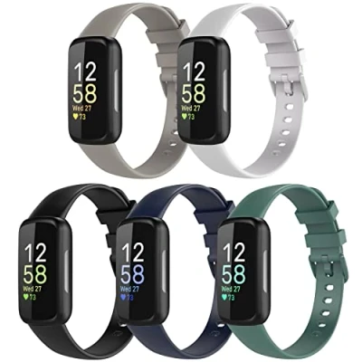 Image of TiMOVO 5 Pack Sport Straps Compatible with Fitbit Inspire 3 Bands, Soft Silicone Band for Women Men, Replacement Wristband Tracker, Small, Black/Indigo/White/Gray/Pine Green