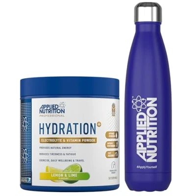 Image of Applied Nutrition Hydration Electrolyte &amp; Vitamin Powder + Blue Steel Flask 500ml Natural Energy Reduces Tiredness Optimise (240g 30 Servings)(Lemon Lime)
