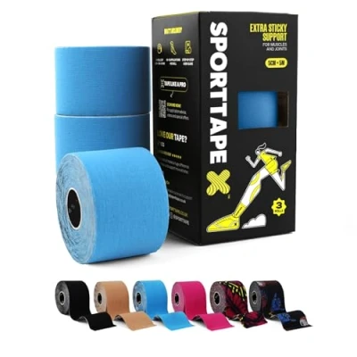 Image of 3 Rolls SPORTTAPE Kinesiology Tape 5cm x 5m Roll Blue Physio &amp; Muscle Injury for Shoulder, Knee, Ankle, Shin Splints, Joint Support Waterproof Hypoallergenic Kinetic Sports
