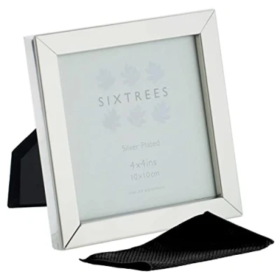 Image of Sixtrees Elite Square Edge Silver Plated 4x4 inch (102x102mm) Photo Frame. Complete with microfibre polishing cloth.