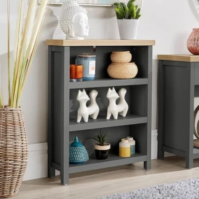 Image of Home Source Low Bookcase Display Unit, 3 Bookshelves, Oak Effect, Dark Grey