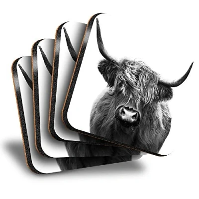 Image of Destination Vinyl ltd Great Coasters (Set of 4) Square BW Pop Art Highland Cow Animal Drink Glossy Coasters/Tabletop Protection for Any Table Type #43024