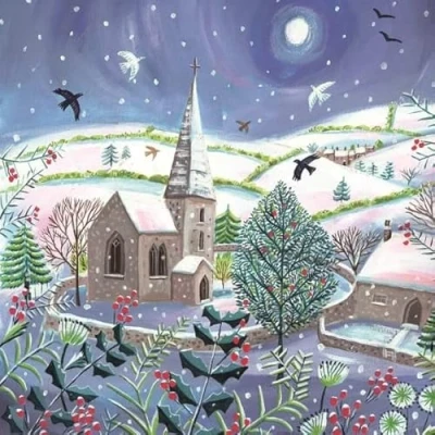 Image of Museums &amp; Galleries Pack of 12 Artistic Charity Christmas Cards Churches In The Snow Lovely Illustration a Winter Scene 2 Design, Multi, 175 x 173mm