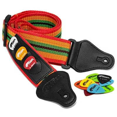 Image of TIGER STPK2 RB Nylon Guitar Strap with Pack of 12 Free Picks Reggae Design