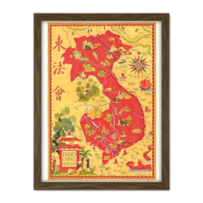 Image of Artery8 Map Boucher 1945 French Indo China Vietnam Pictorial Artwork Framed Wall Art Print 18X24 Inch