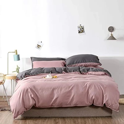 Image of Chanyuan Bed Linen 155 x 220 cm Pink Grey Microfibre Reversible Bedding Set Plain Duvet Cover with Zip and 1 Pillowcase 80