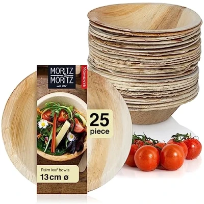 Image of Moritz &amp; 25x Disposable Palm Leaf Bowls Round Ø 13cm Biodegradable Compostable Eco Friendly Like Bamboo Bowls, Wooden Paper