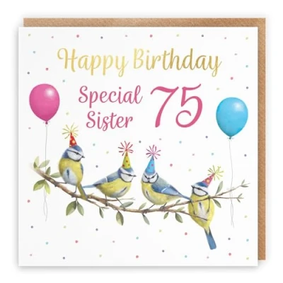 Image of Hunts England 75th Sister Blue Tits Birthday Card Luxury Gold Foil Milo&#039;s Gallery Age 75 Wildlife Funny For Year Old Animal Fan Seventy Five