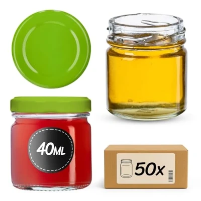 Image of KADAX Glass Jars 40 ml, Mini Preserving with Metal Lids for Homemade Jam and Honey, Small Storing Spices Herbs (White, Set of 50)
