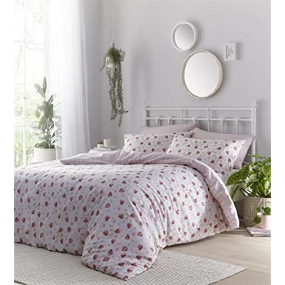 Image of Portfolio Strawberry Fields Floral Check Duvet Cover and Pillowcase Set Pastel Pink Red (Double)