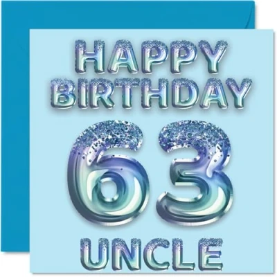 Image of 63rd Birthday Card for Uncle Blue Glitter Party Balloons Happy Cards 63 Year Old from Nephew Niece, 145mm x Bday Greeting Gift