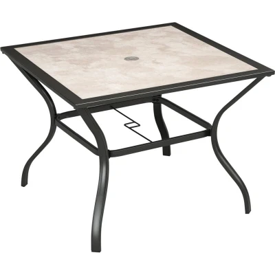 Image of Outsunny 94 x cm Garden Table with Parasol Hole, Outdoor Dining for 4, Square Patio Stone Grain Effect PC Board Top Patio, Garden, Grey