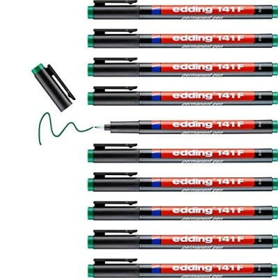 Image of edding 141 F permanent pen green 10 pens round nib 0.6 mm for writing on glass, plastic, foils and smooth surfaces permanent, quick drying, smudge proof waterproof