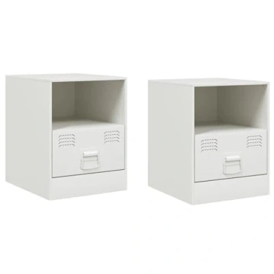 Image of vidaXL Bedside Cabinets in White Set of 2, 34.5x39x44 cm Modern Nightstands w/Steel Frame, Storage Shelf &amp; Drawer, Bedroom Furniture