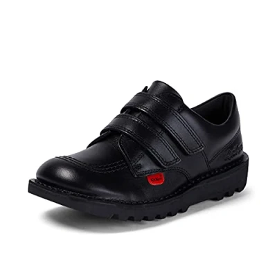 Image of Kickers Unisex Kids Kick Lo Vel Twin Strap Black Leather School Uniform Shoes Shoes, Black, 2 UK